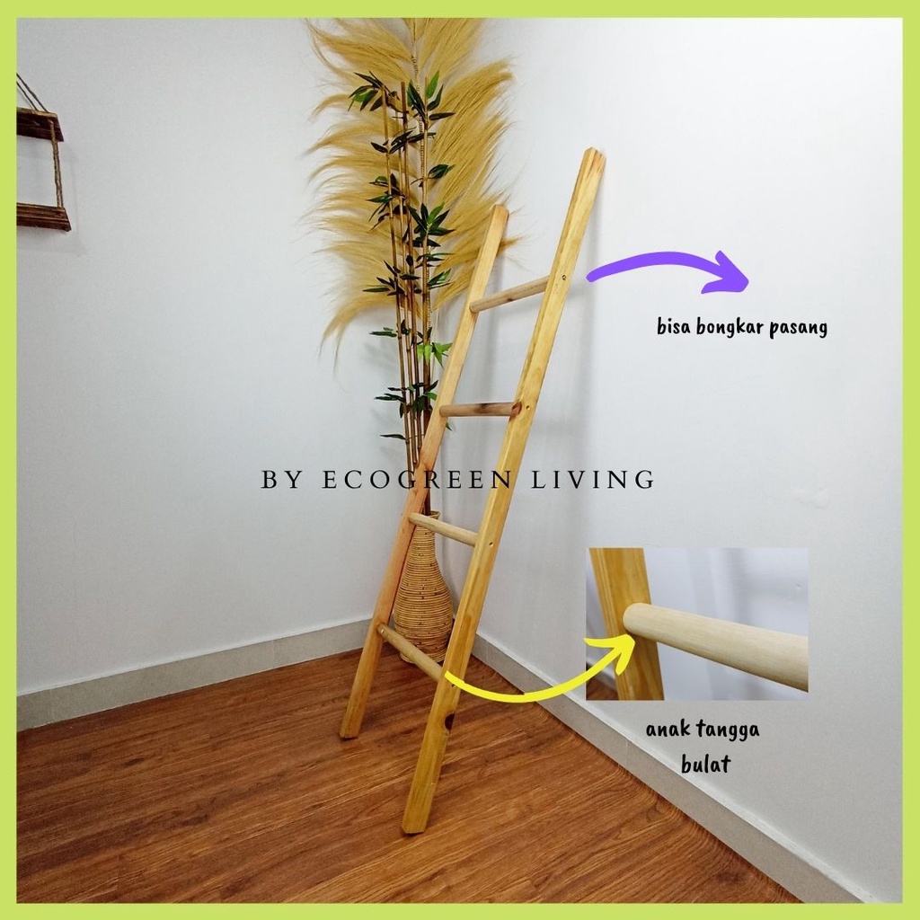 Ecogreen- Tangga Kayu Serbaguna/Rak mukena / Tempat sajadah / Tempat handuk / Dekorasi dinding / Dekorasi cafe Tinggi 150 cm