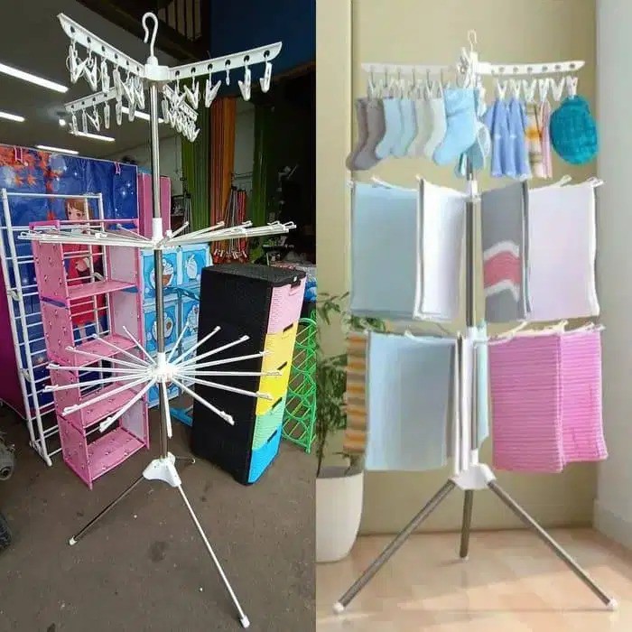 JEMURAN BAJU RAK JEMURAN TIANG STAND HANGER JEPIT 3 TINGKAT MODEL JEMURAN MENARA BY SHENAR