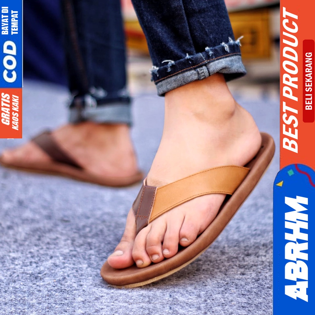 Sandal Casual Pria Kulit Asli Sendal jepit Original Murah Terbaru Kekinian JAVIT ABRHM