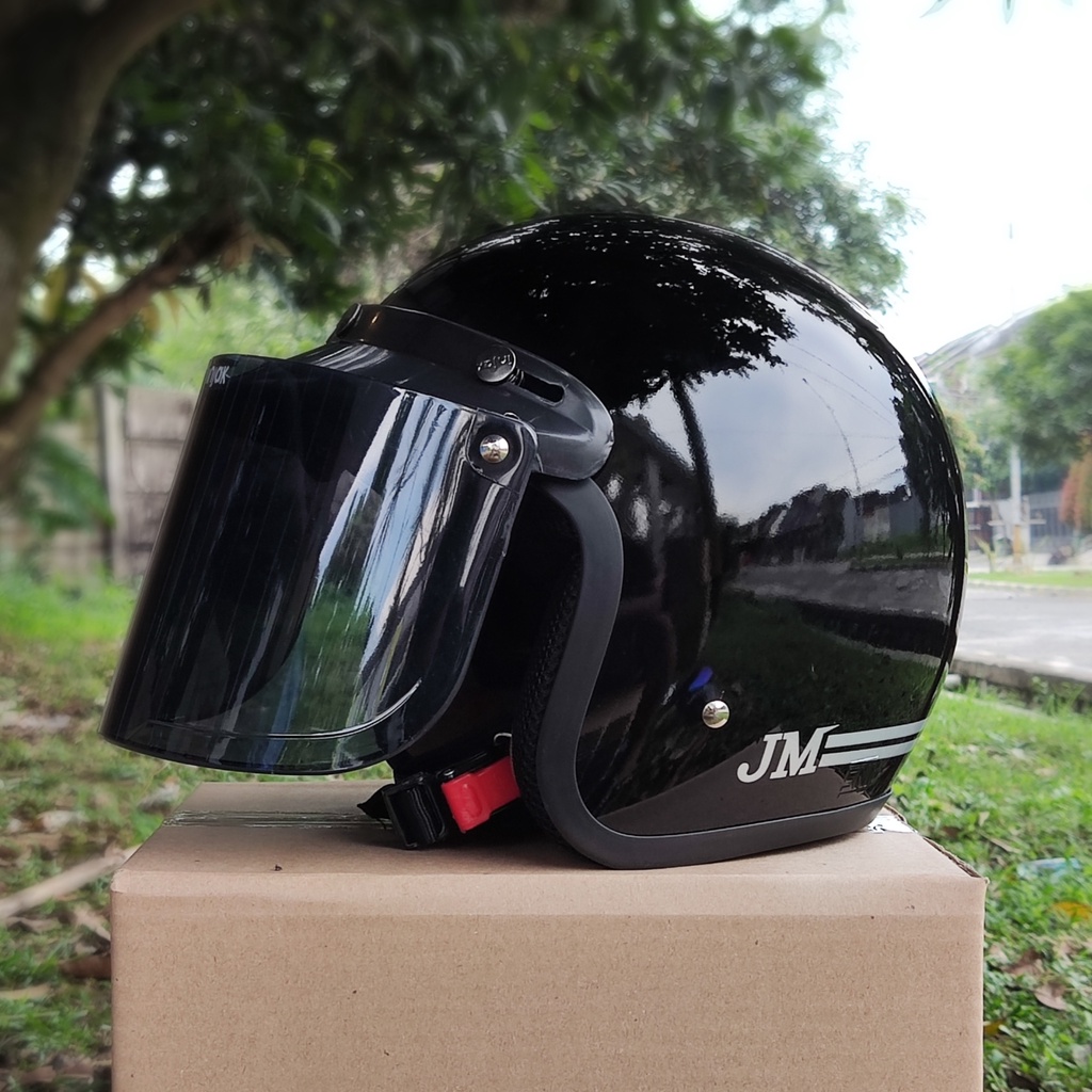 HELM BOGO HITAM GLOSSY JM GARIS RETRO SNI