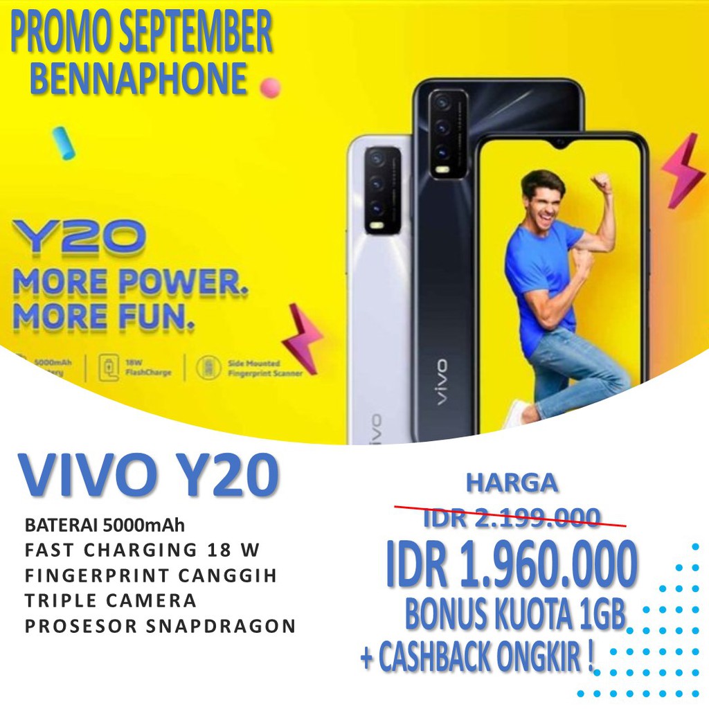 Baru !! HP VIVO Y20 3/64 GARANSI RESMI FREE ONGKIR + BONUS