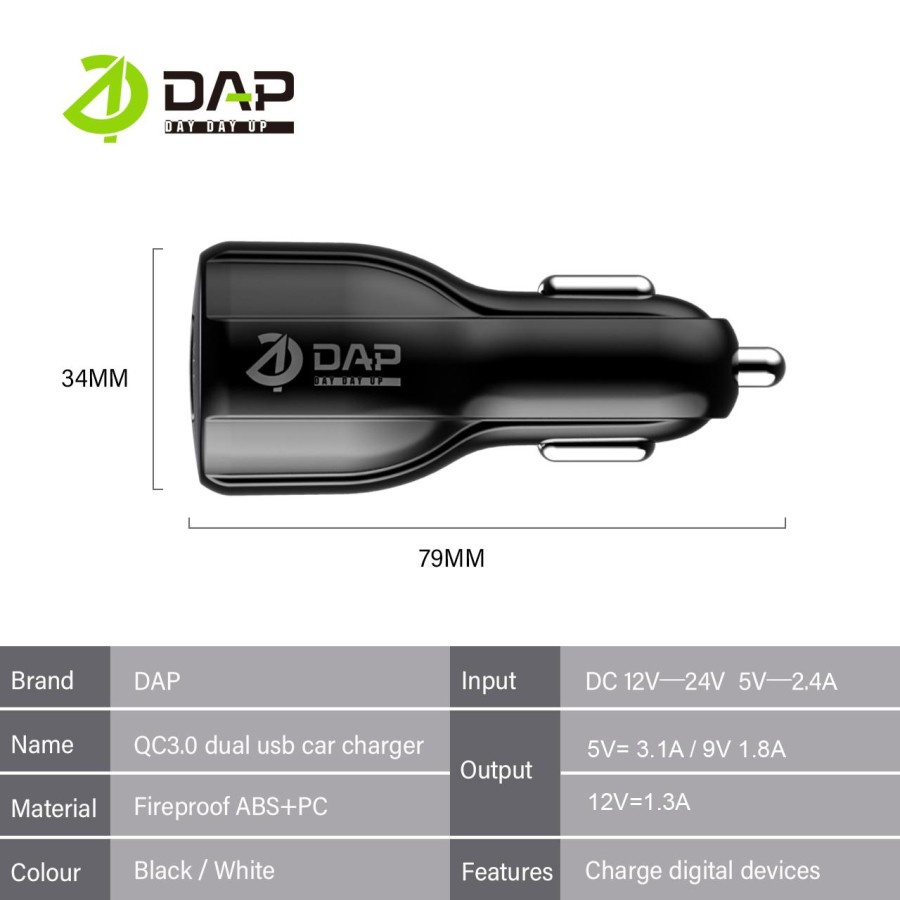 Charger Mobil DAP D-C3.0N Car Charger Fast Charging Dual Port 3.0