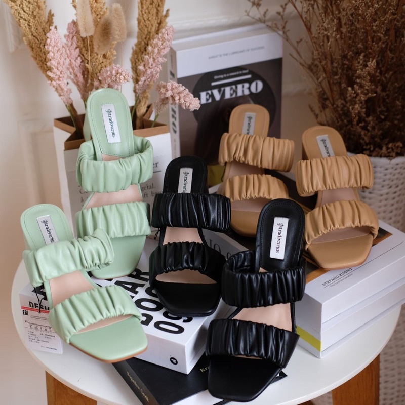 Sepatu Sendal Kulit Hak Tinggi Wanita STS Leather Double Ruched Strap High Heels Sandals Premium Imp