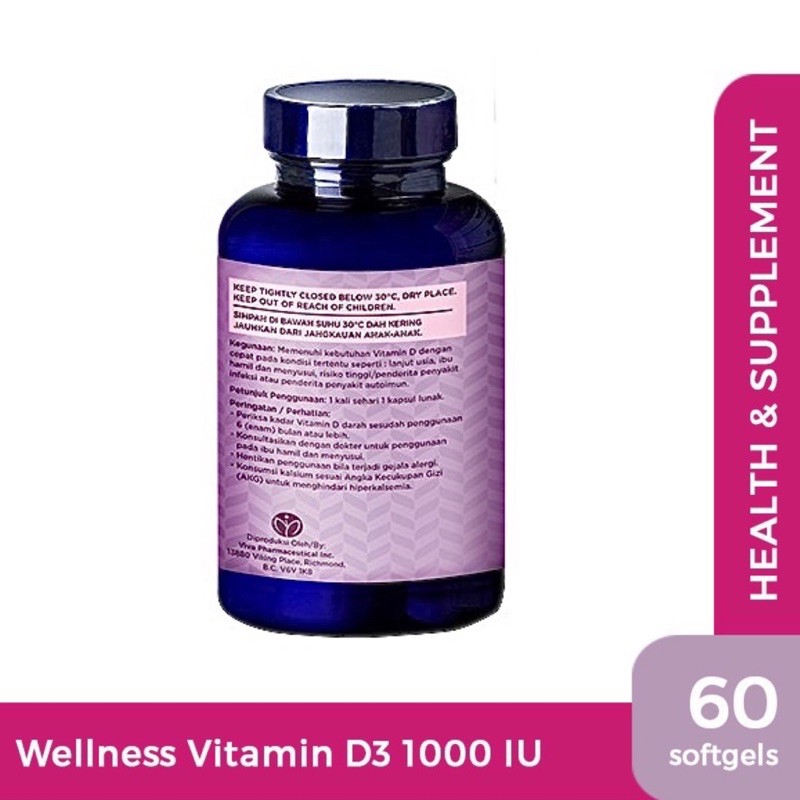 WELLNESS Vitamin D3 1000 / 400 IU isi 60 Softgels BPOM Suplemen Imunitas - Anti Virus COVID19