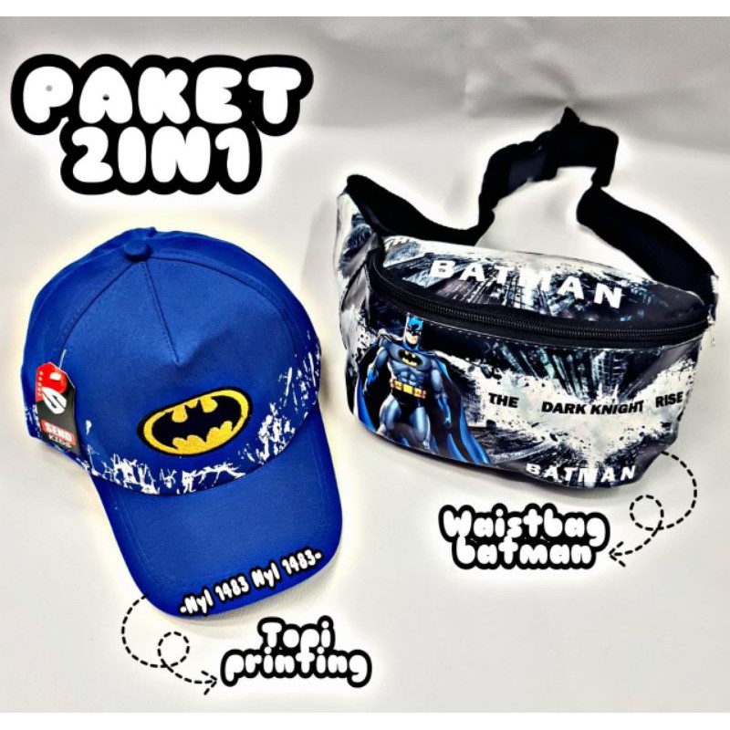 PAKET 2IN1 TAS SELEMPANG WAISTBAG ANAK SUPERHERO/ FREE TOPI KARAKTER