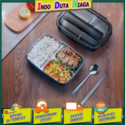 TaffHOME Kotak Makan 3 Grid 1000ml with Spoon &amp; Chopstick - OU1000