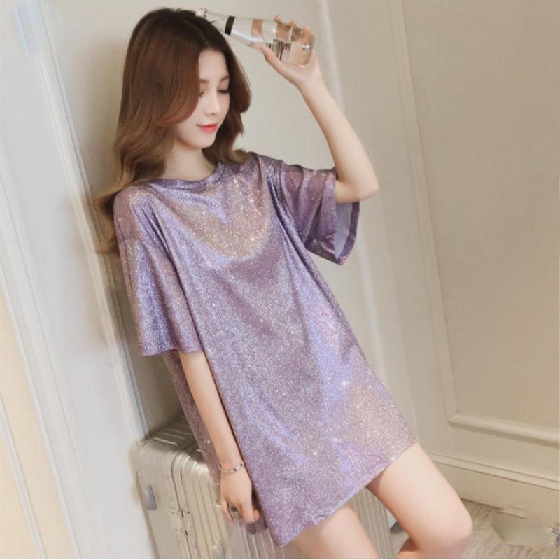 JT - 123008 Dress Korea Oversize Cat Gliter Rumbai Hitam Premium Tee Kpop Style / Neona T-Shirt Dress Polos Glitter Terusan Wanita Kilat Semi Transparan Atasan Dress