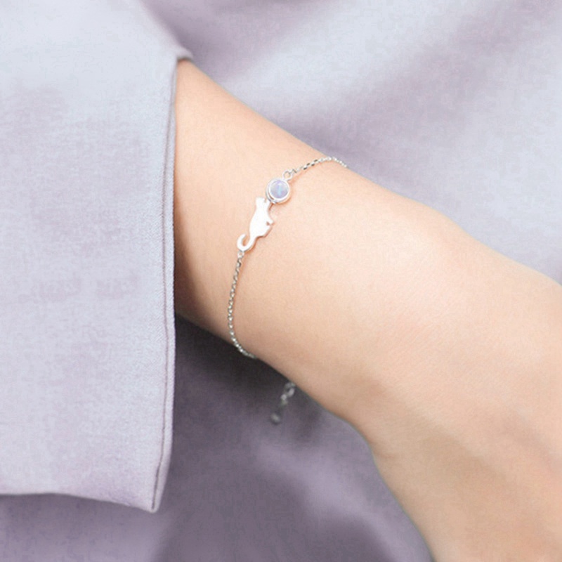 Fancyqube Gelang Tangan Sterling Silver 925 Desain Hewan Kucing Lucu Hias Kristal Moonstone Untuk Wanita