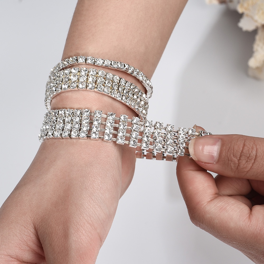 Gelang Bangles Kristal Berlian Imitasi 1-6 Baris Multilayer Warna Silver Gaya Korea Untuk Wanita