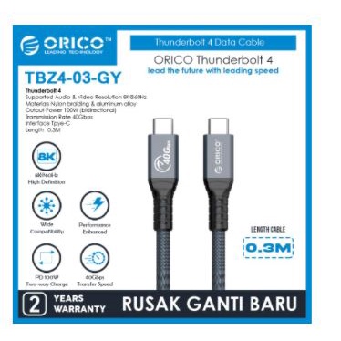 Usb-c thunderbolt 3 4 to type-c cable orico 30cm charge data sync 40Gbps 8k 4k 60hz pd 100w usb 4.0 tbz4-03