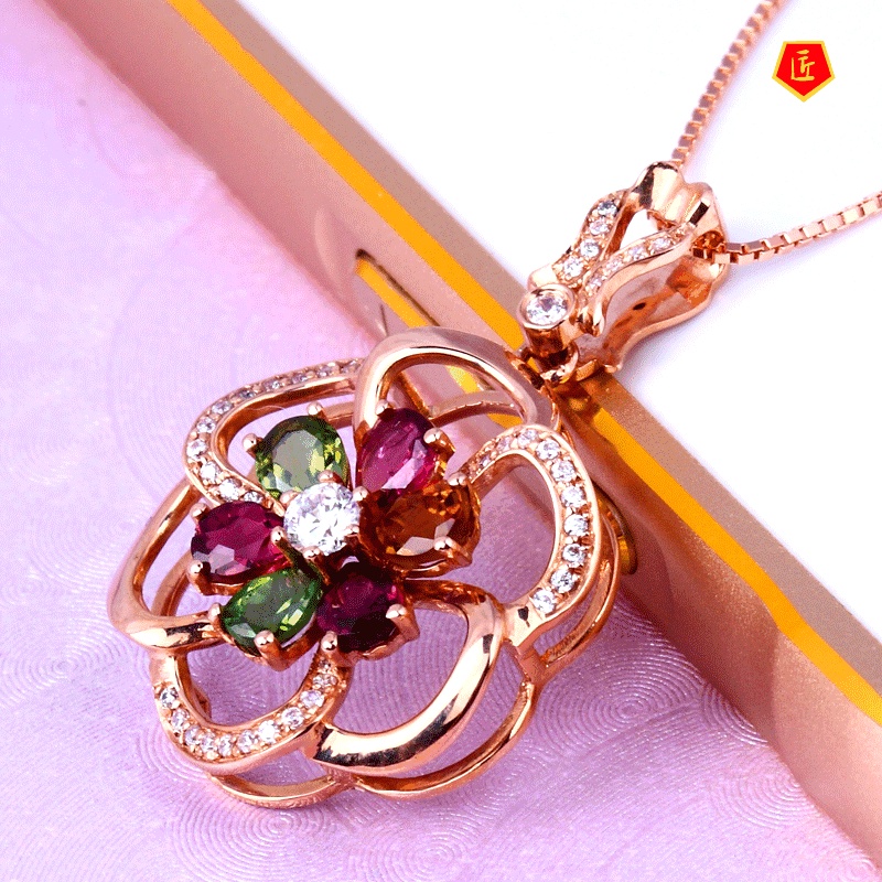 [Ready Stock]Flower Zircon Water Drop Pendant 18K Rose Gold Simple Elegant