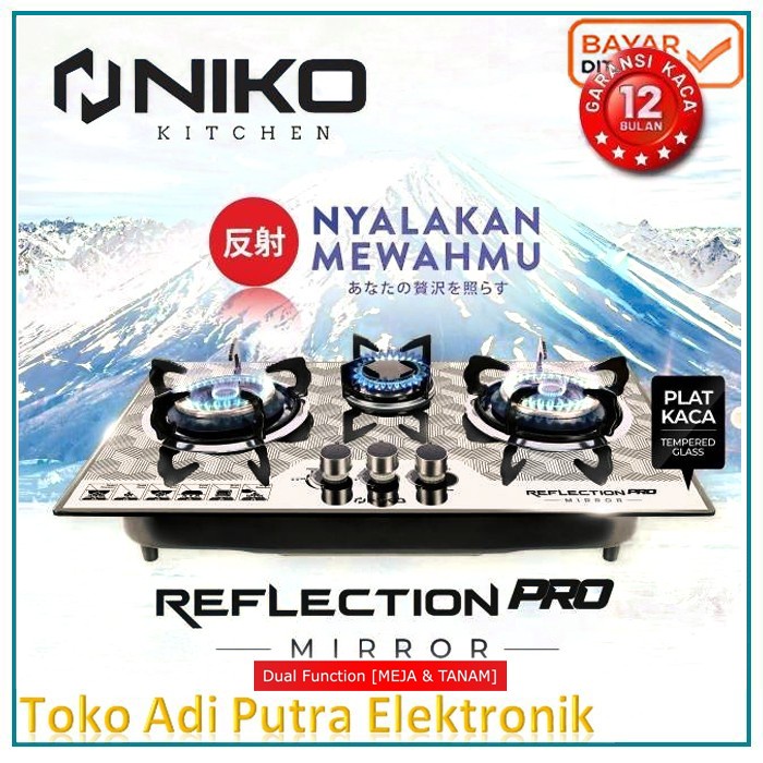 Niko Kompor Gas Tanam 3 tungku Reflection Pro Miror Tempered Glass