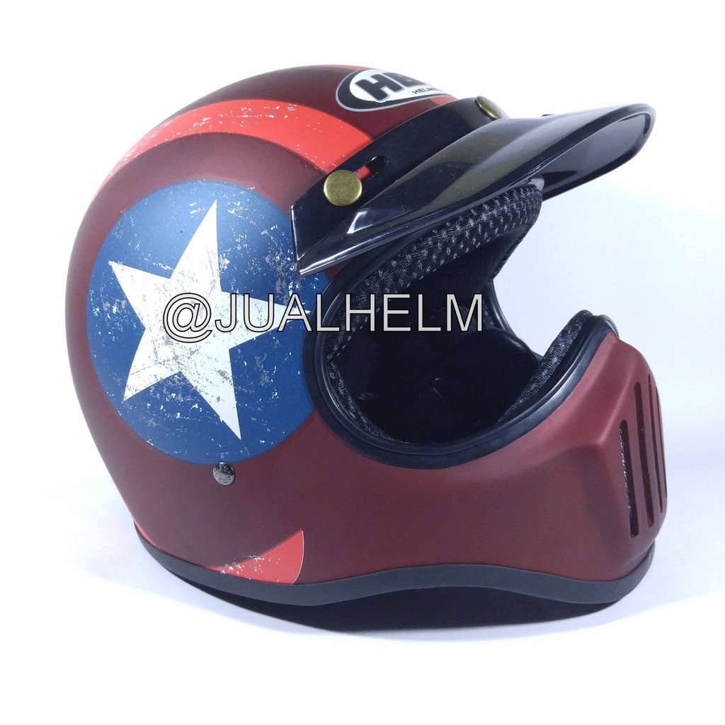 HELM CAKIL HBC CAPTAIN AMERICA MERAH-MAROON ( Fullface / Retro / Klasik / Vespa )