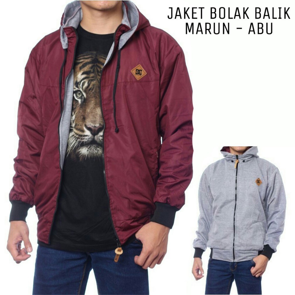 JAKET BOLAK BALIK PRIA BB 2in1 PARASUT ANTI AIR FLEECE SIZE M L XL-MAROON ABU