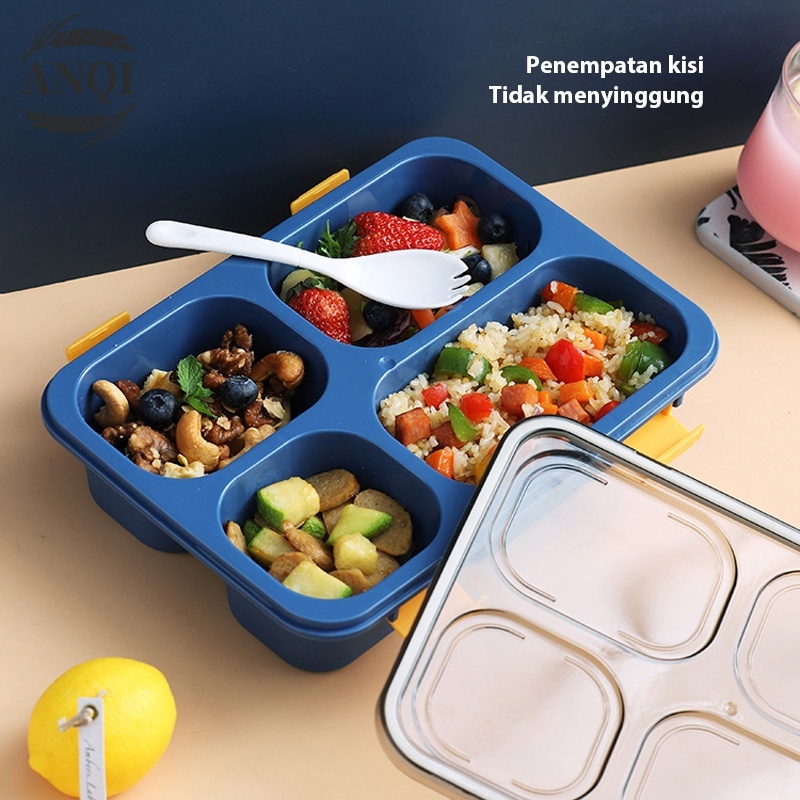 ANQI 1888 Kotak makan 3/4 Grid Lunch Box/Tempat Makan Dan free Sendok/Anti bocor 850ml/1300ml