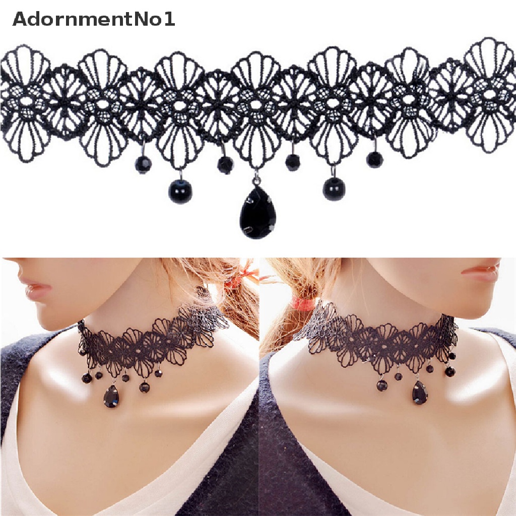 (AdornmentNo1) Kalung Choker Lace Hitam Pendan Bunga Gaya Gotik Retro