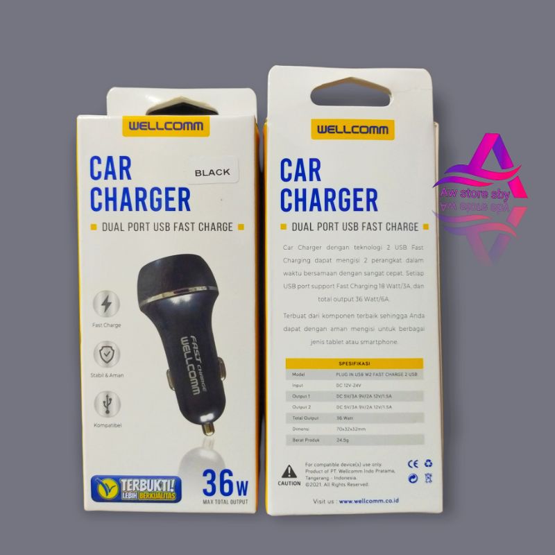 (WELLCOMM 36W) Car Charger Dual Usb Fast Charge Kabel Type C Charger Mobil 6A 36W