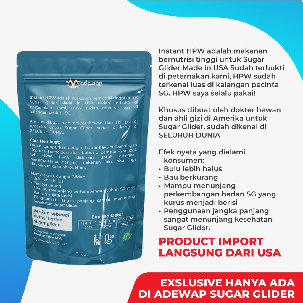 ADEWAP GLIDER HPW Instan Sugar Glider Campuran Nutrisi High Protein Wombaroo - 50Gr