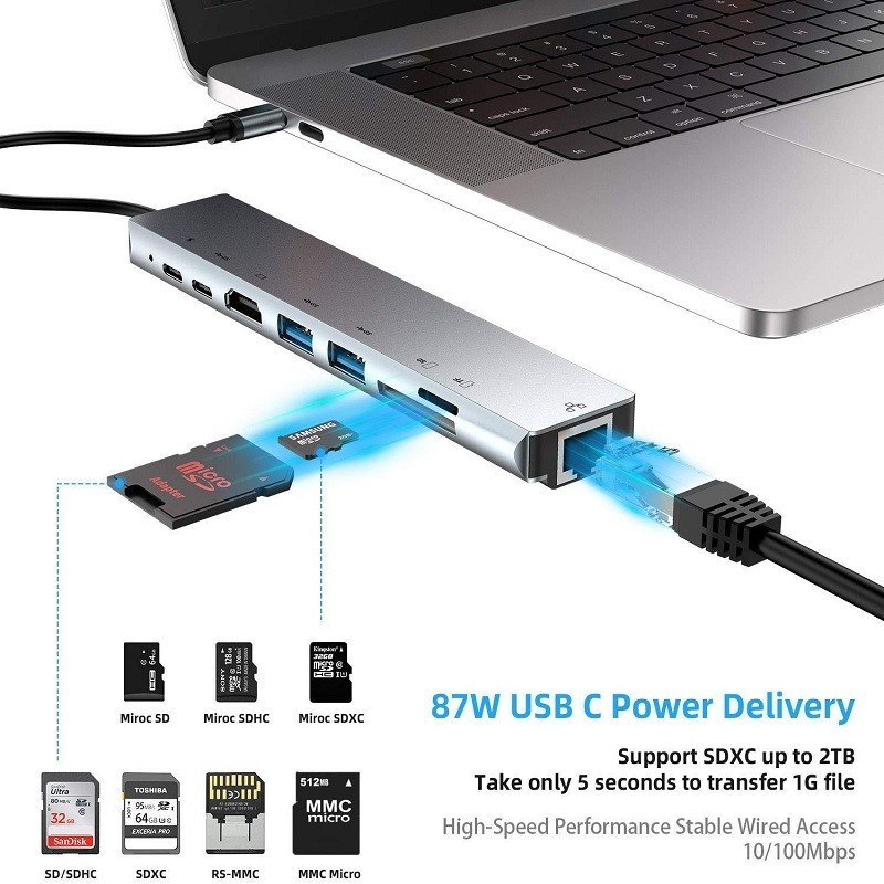 Converter HUB Kabel HDTV 8 IN 1 USB Type C To HDMI Adapter 4K VGA USB 3.0 Macbook Ipad Laptop