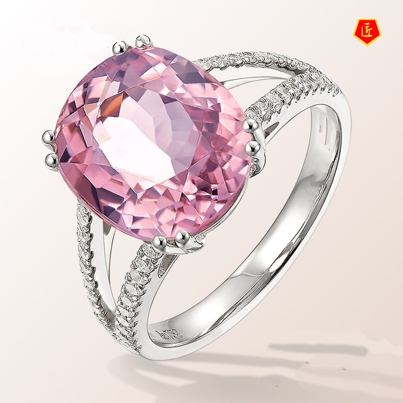 [Ready Stock]Fashion Inlaid Pink Diamond Tourmaline Ring Elegant Graceful