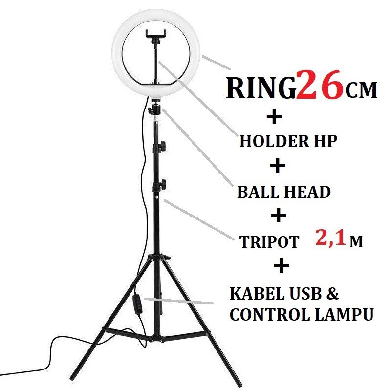 BOS - TRIPOD LIVE 2.1 METER PLUS SELFIE RING LIGHT LAMPU LED 26CM / 33CM | RINGLIGHT 45CM