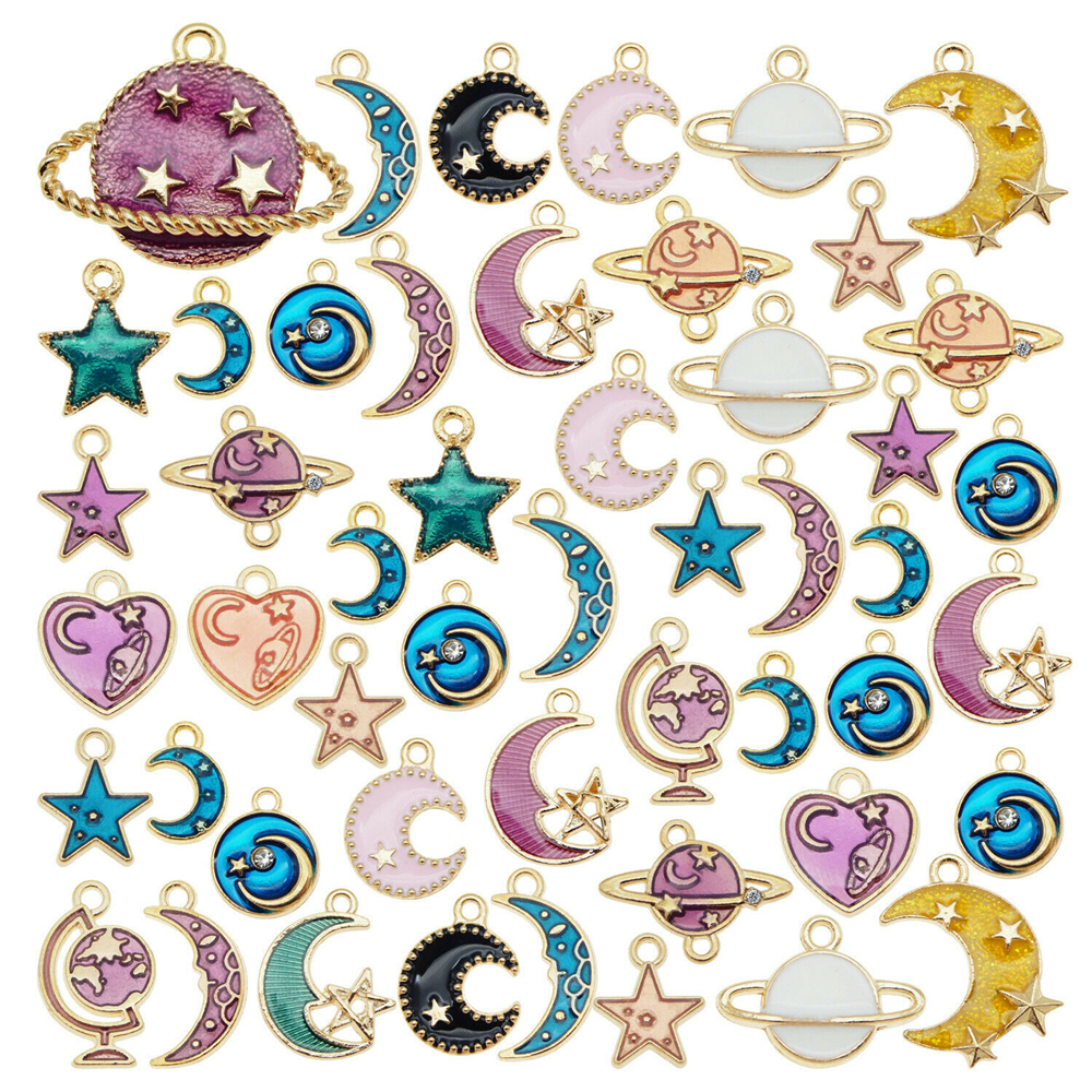 20PCS Enamel Charms Mixed Planet Star Crescent Moon Zinc Alloy Gold Tone Pendant Bracelet Jewelry Making