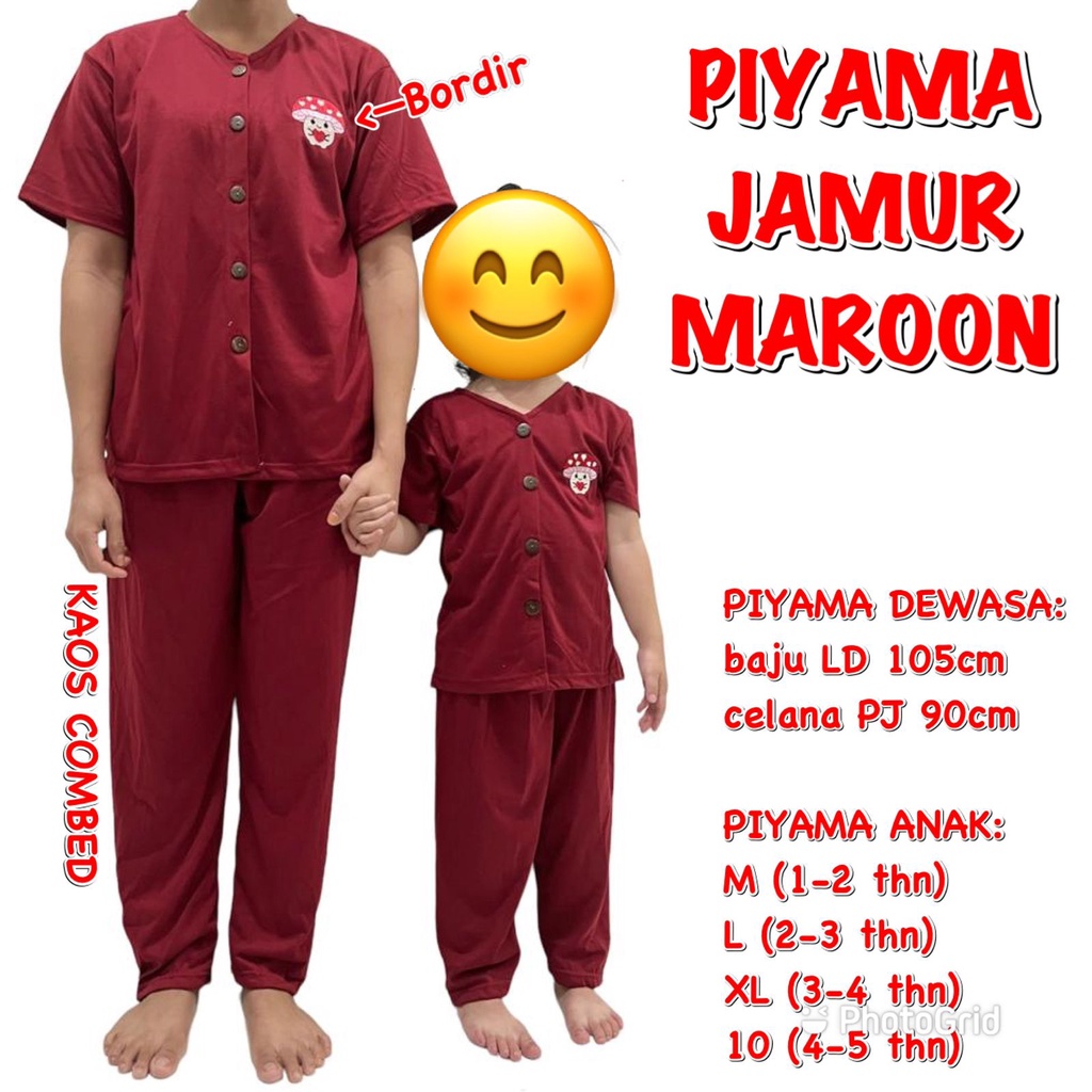 (1 KG MUAT 3 STEL) BAJU TIDUR BISA PASANGAN/COUPLE IBU ANAK MOM KIDS PIYAMA KAOS KANCING MERAH MAROON JAMUR/MUSHROOM