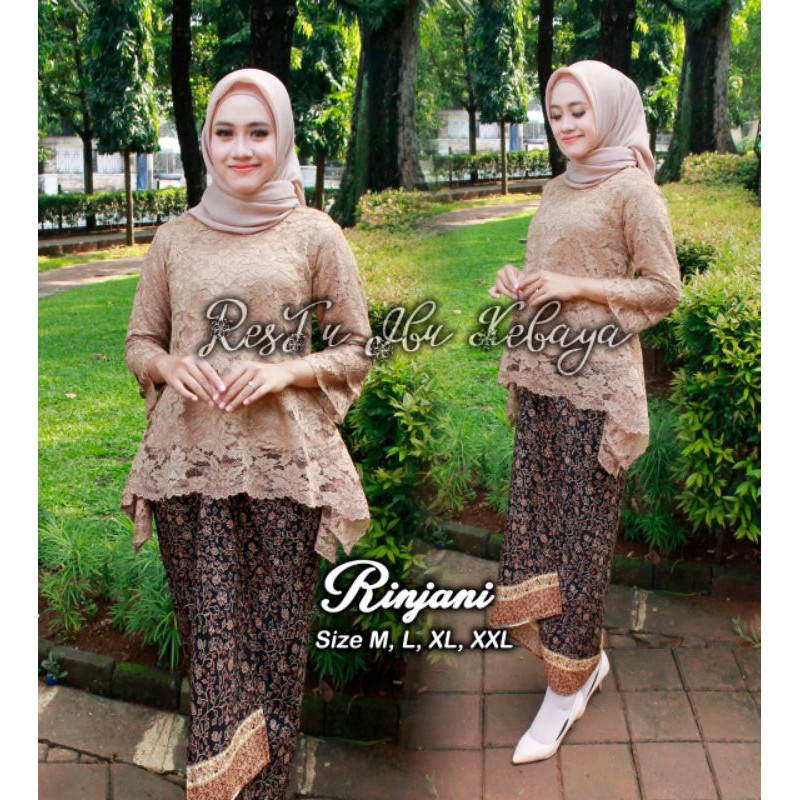 IndahKebaya | TERLARIS KEBAYA KEKINIAN / SETELAN RINJANI BROKAT MIX ROK LILIT BATIK JUMBO / KEKINIAN