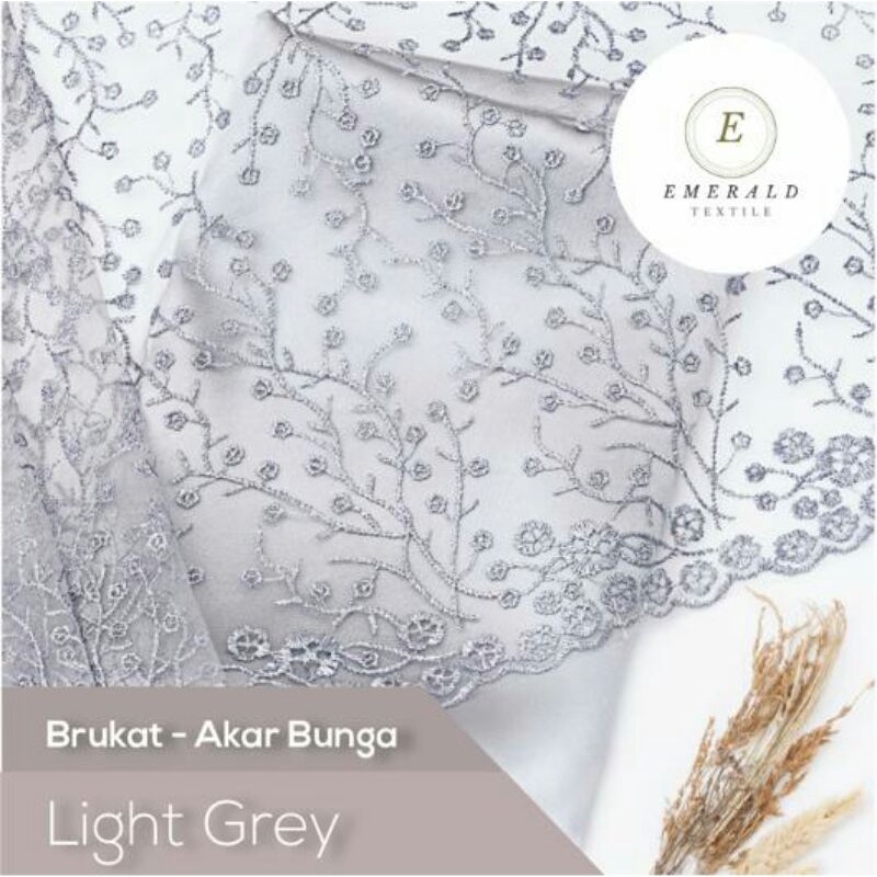 SETENGAH METER Kain Brokat Tile Prancis Bahan Kebaya Motif Akar Bunga - Light Grey/Deep Silver ( HARGA PER 50cm KAIN )