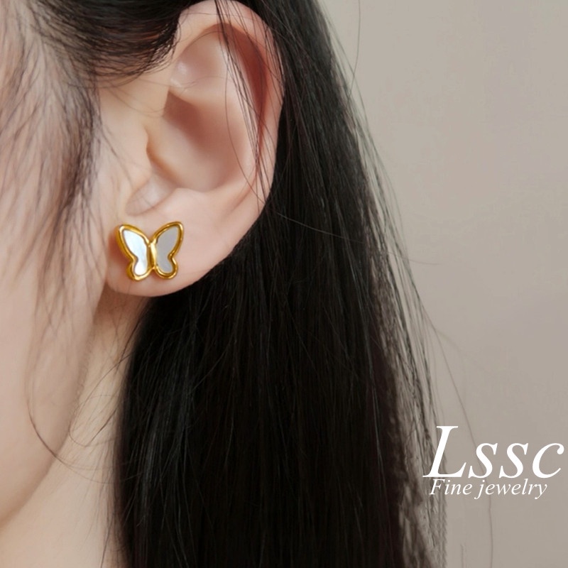 Anting Titanium Kupu-Kupu Fritillaria Premium Lapis Emas 18K Anti Karat Perhiasan Korea