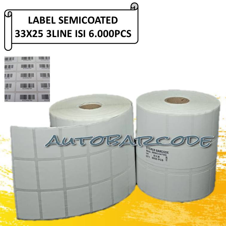 SEMICOATED LABEL BARCODE 33x25 MM 3LINE ISI 6.000 PCS LABEL STICKER BARANG TO PRINTER POSTEK