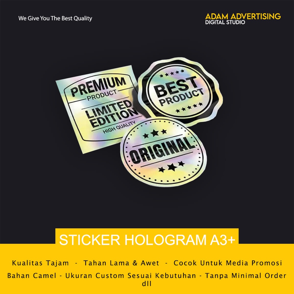 

CETAK STICKER HOLOGRAM A3+ MURAH DESAIN CUSTOM