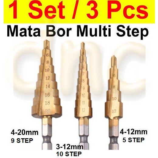Mata Bor PAGODA TITANIUM 3 Set Lurus/Tangga Drill Bits Size Paket 4-12mm 4-20mm 3-12mm