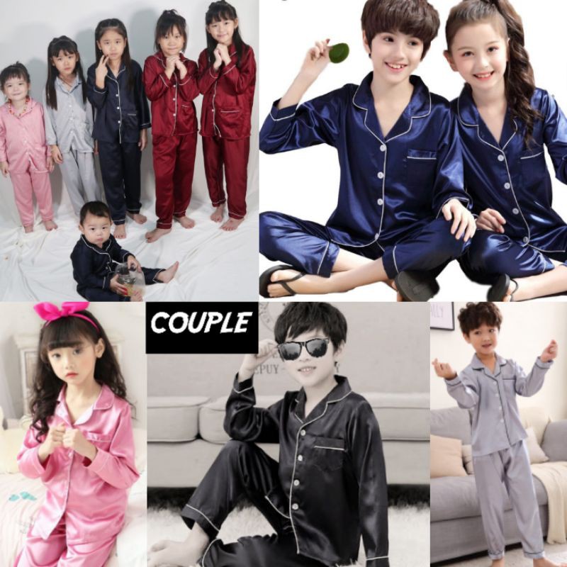 Baju tidur couple anak cowok / laki / pria  setelan lengan panjang Satin polos set celana