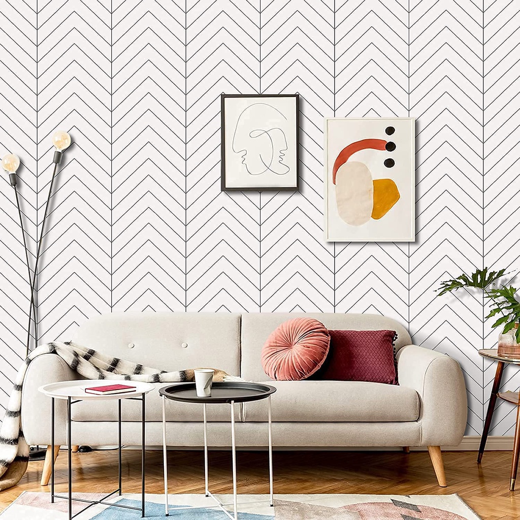 [1Roll 17.7 X78.7inch Geometric Line Pattern Wallpaper] [Peel and Stick Stylish and Simple Wallpaper] [Waterproof Removable and Self-Adhesive Herringbone Wallpaper for Bedroom Bathroom Kitchen and Furniture]