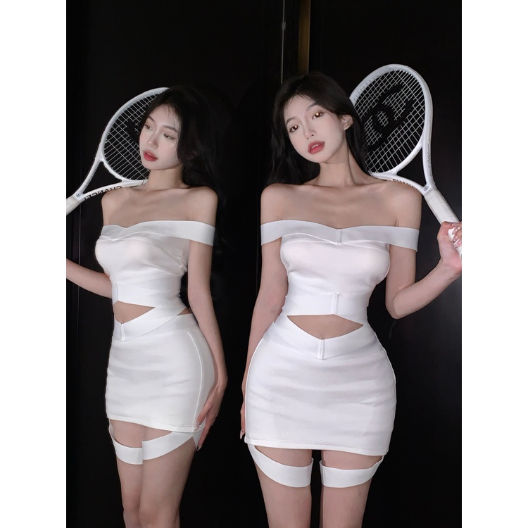 Setelan 2022 Baru Wanita Musim Panas Satu Bahu Rajutan Rompi Pinggang Tinggi Ketat Hot Gadis Tas Hip Rok Dua Potong Pasang