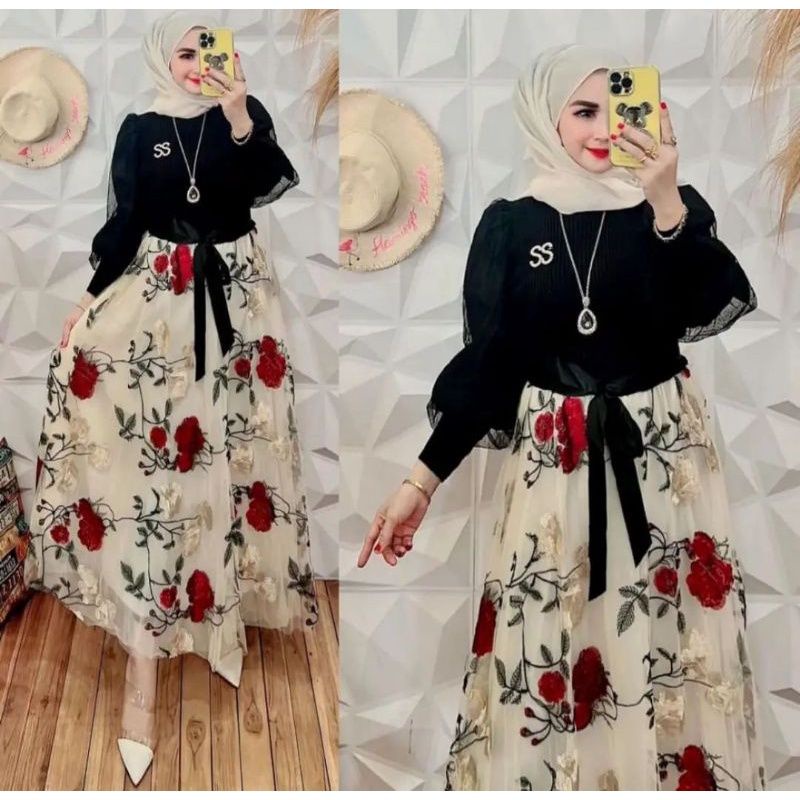 Ready gamis Rajut Nila Tile Tutu Bunga import putih