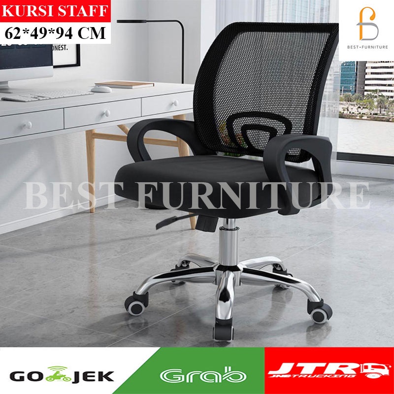 Best Kursi Staff Kursi Kantor Kursi Jaring Multifungsi Tilt + Hidrolik + Kaki Stainless-Hitam