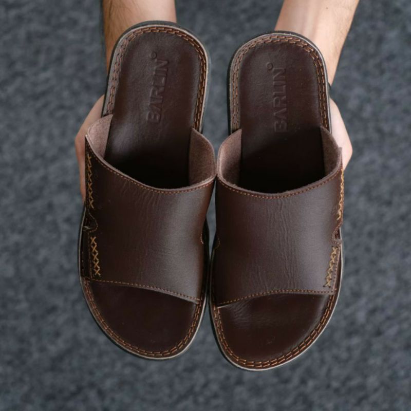 BRLN 001 Brown Sandal Pria Keren Kulit Asli Sendal Slide Casual Santai Main Original Full Leather