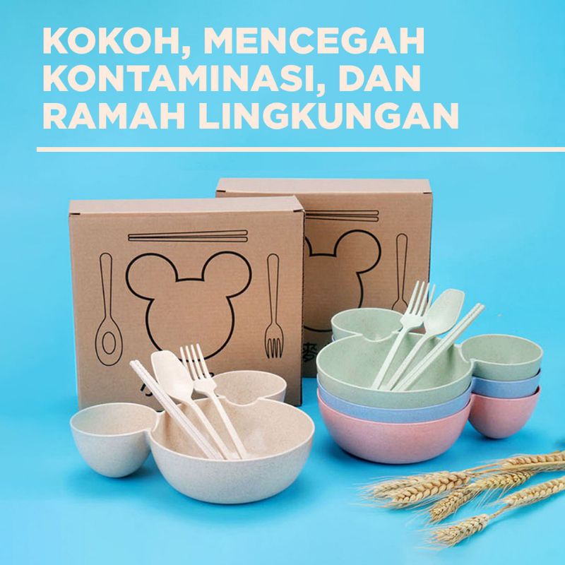 MANGKUK WHEAT STRAW MICKEY 1 SET / MANGKOK BAYI BPA FREE / MANGKOK MAKAN ANAK BENTUK KARAKTER / PIRI