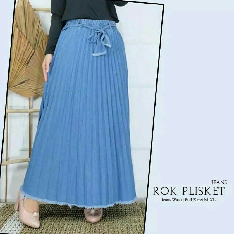 Rok Plisket Jeans Androk wanita