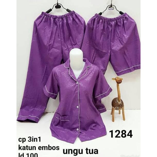 SEASOND IND Piyama/Baju Tidur 3in1 Wanita Dewasa Embos Warna/L Fit to XL ko-Embos Ungu Tua