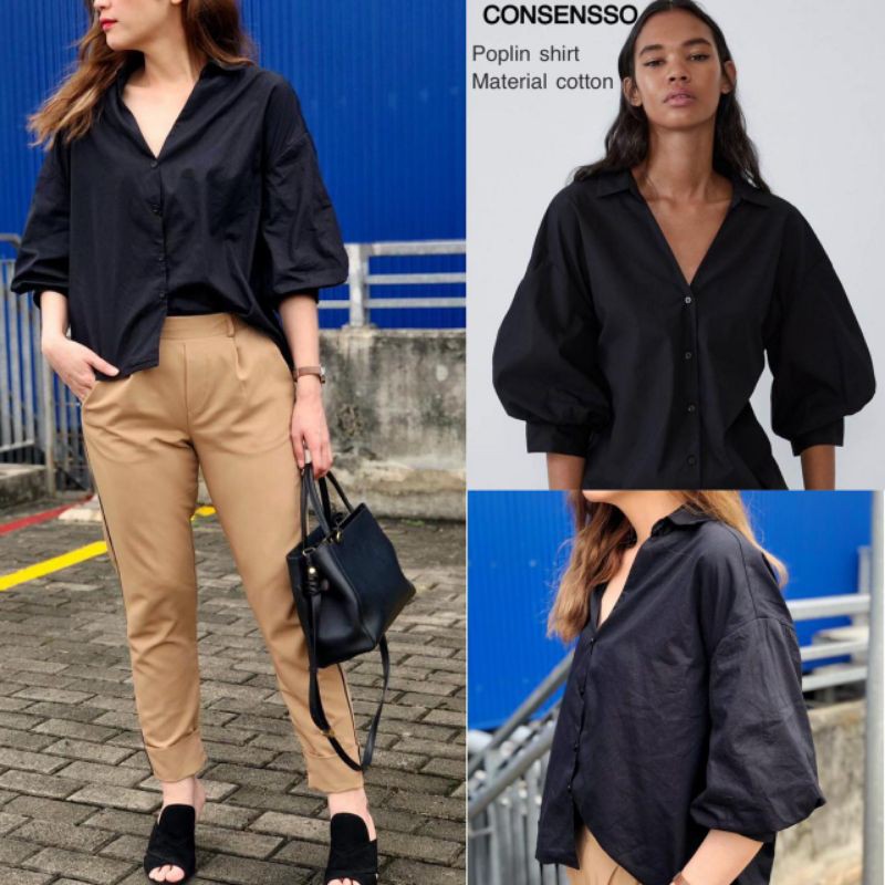 blouse katun wanita black poplin consenso
