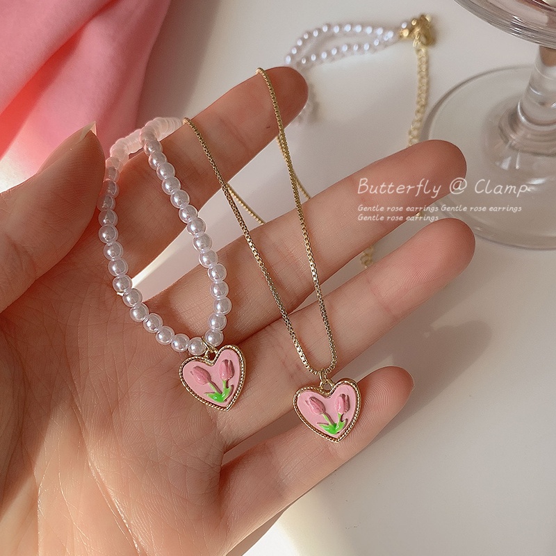 AY(CN) Kalung Rantai Choker Liontin Hati Tulip Pink Hias Mutiara Untuk Wanita