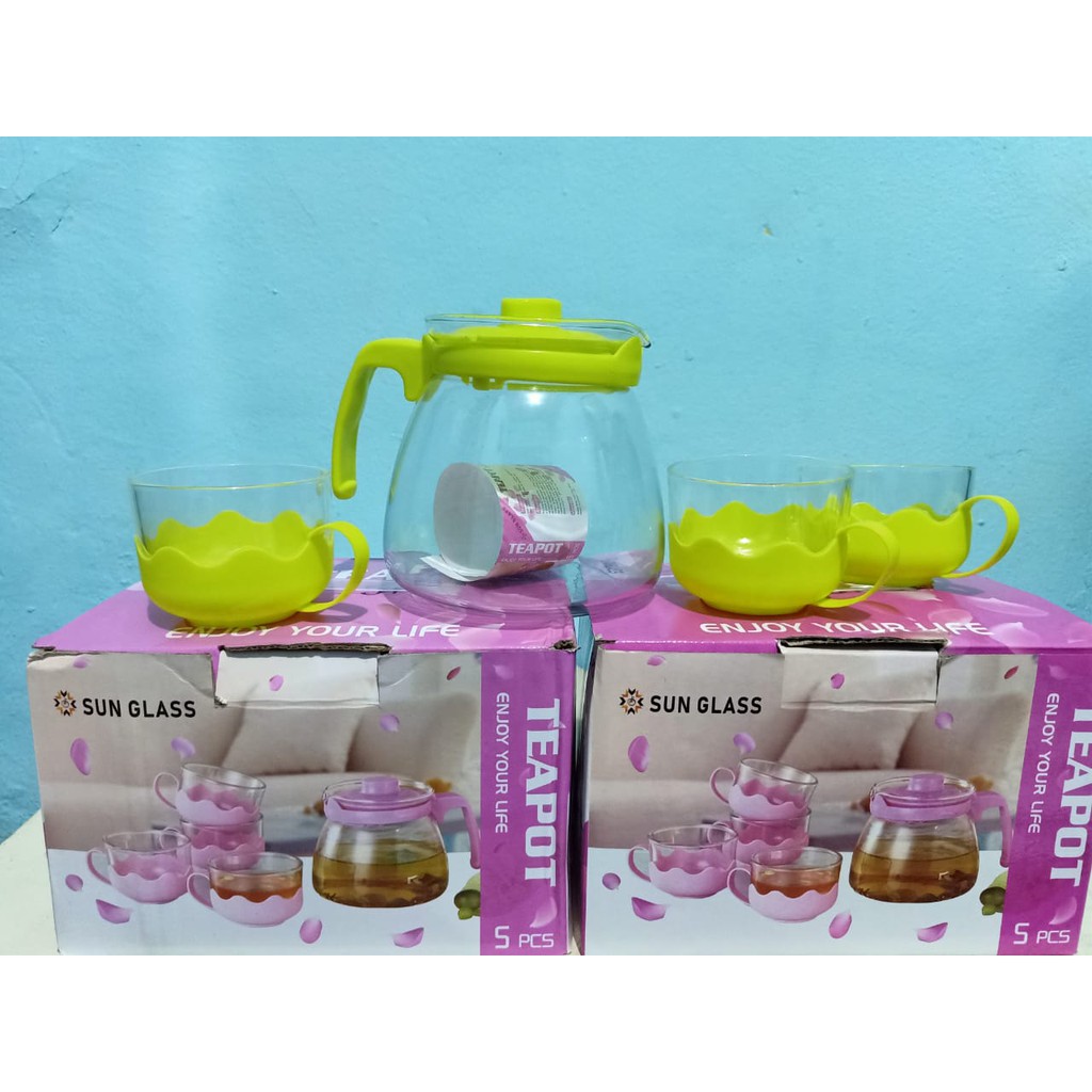 TeaPot Set 5 in 1 Sun Glass Unik dan Cantik / Teapot Glass / Teko Set / Teko Kaca