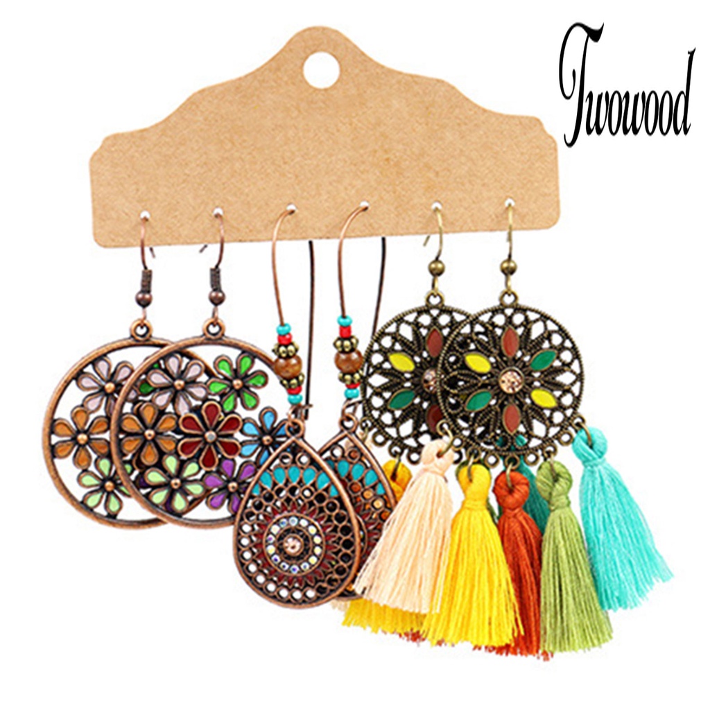 3 Pasang / Set Anting Rumbai Menjuntai Bahan Alloy Gaya Bohemian Untuk Wanita