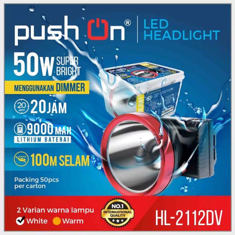 Push On HL-2112DV 50 Watt 9000mah Senter Kepala Selam 100meter Bisa di Cas