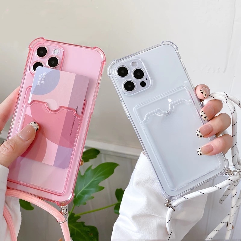 Case Holder Kartu Bening Shockproof Dengan Tali Untuk iPhone 14 Pro Max 13 Pro Max 11 12 Pro Max XS Max X XR 8 7 Plus SE