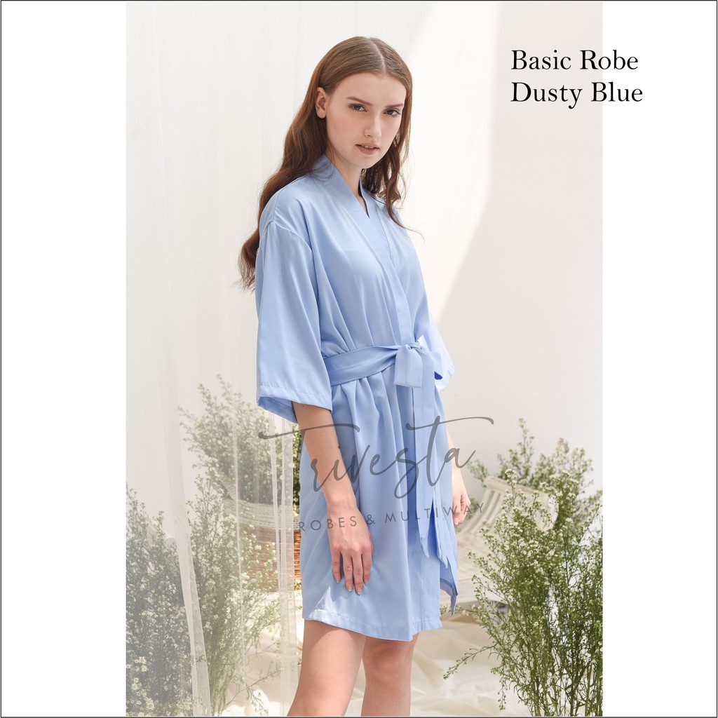 Basic Robe - KIMONO BRIDESMAID SATIN WARNA DUSTY BLUE + FREE BORDIR (TULISAN BEBAS BISA NAMA)