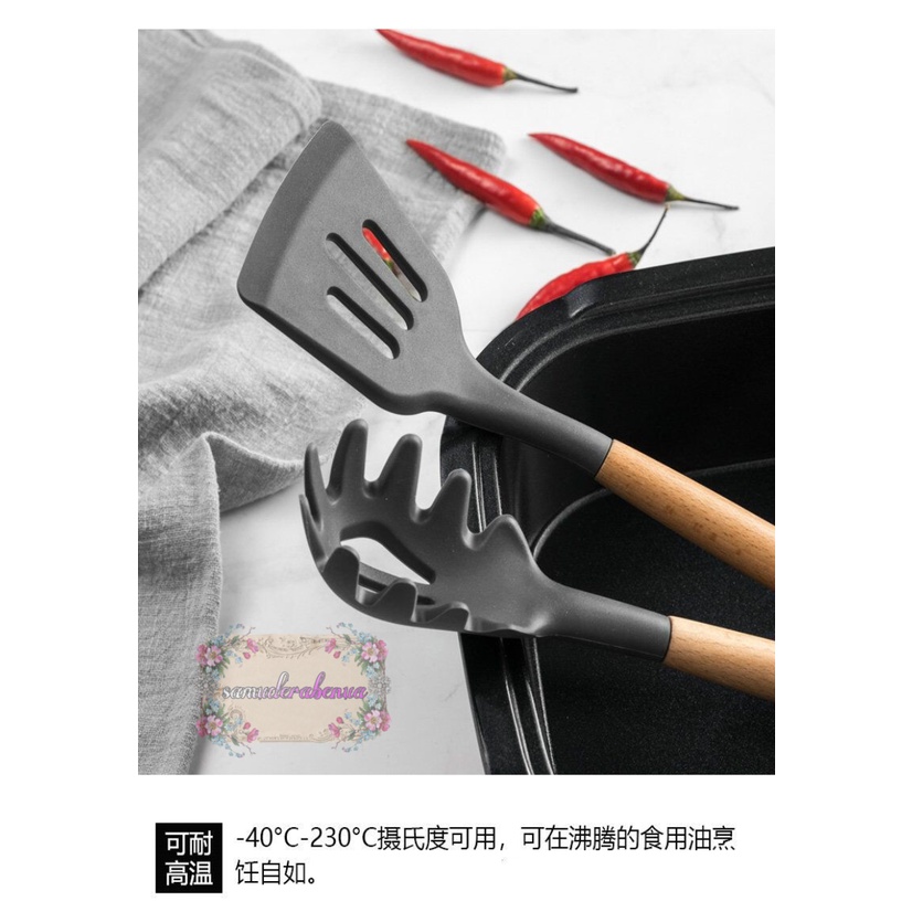 RT82 Kitchen Utensil Silicone wood 12pcs Set Peralatan Dapur Masak Baking Sutil Spatula Sendok Silikon Set Alat Masak 11 in 1 gagang kayu SB3466